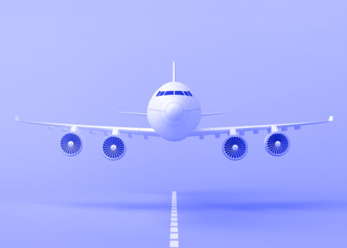 "Minimalist 3D illustration of an airplane on a runway with a blue background"