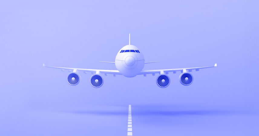 "Minimalist 3D illustration of an airplane on a runway with a blue background"