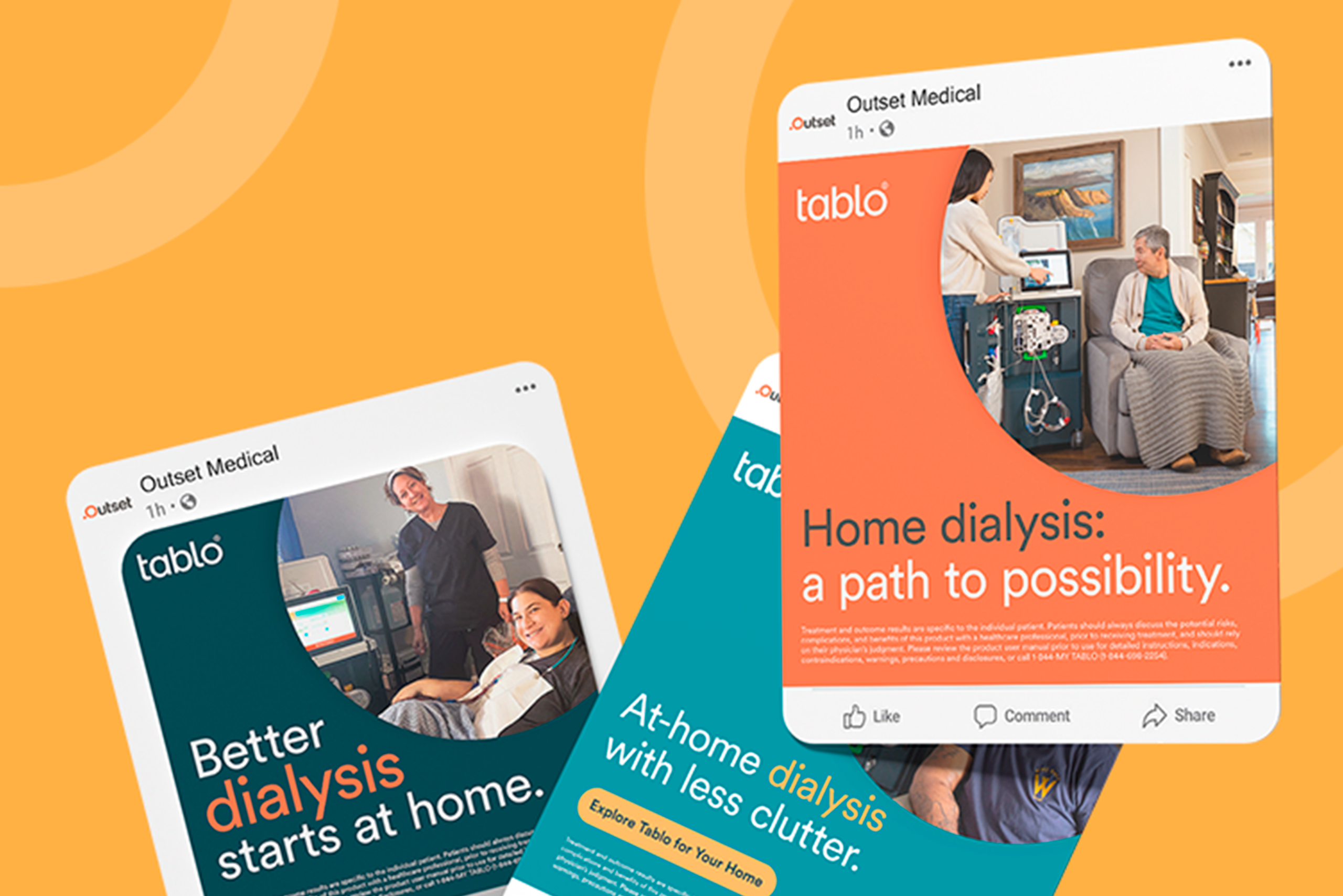 "Promotional posters showcasing home dialysis options and benefits with Tablo by Outset Medical."