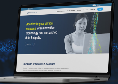 Laptop screen displaying a clinical research website with a woman working on data and a DNA graphic in the background.