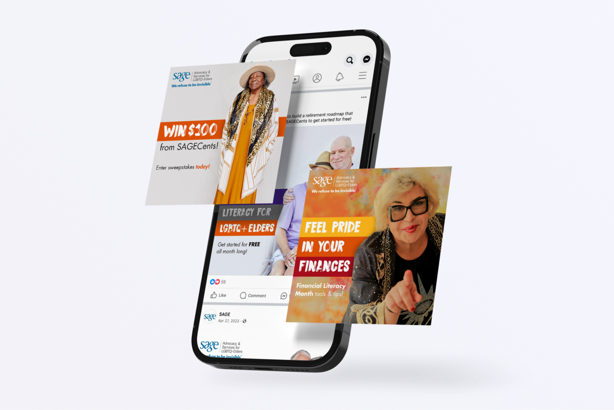 Smartphone displaying social media posts about financial literacy for LGBTQ+ elders, featuring diverse individuals and monetary offers.