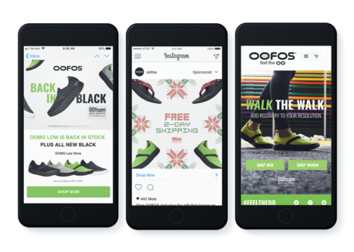 "Three smartphone screens displaying OOFOS shoe advertisements with text about new arrivals, free shipping, and resolution recovery."