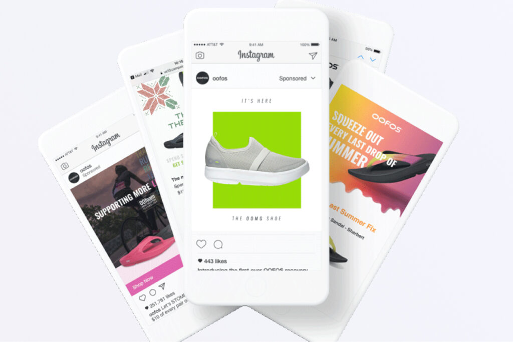 Five smartphones displaying various colorful Instagram ads, with the main phone showcasing a gray sneaker against a green background