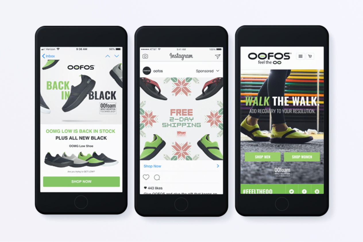 Three smartphones displaying advertisements for Oofos shoes, including promotions for new arrivals and free two-day shipping.