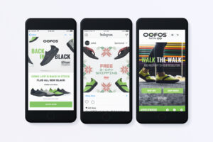 Three smartphones displaying OOFOS shoe advertisements, including special offers, new arrivals, and free two-day shipping.