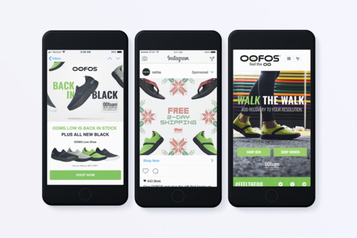 Three smartphones displaying OOFOS shoe advertisements, including special offers, new arrivals, and free two-day shipping.