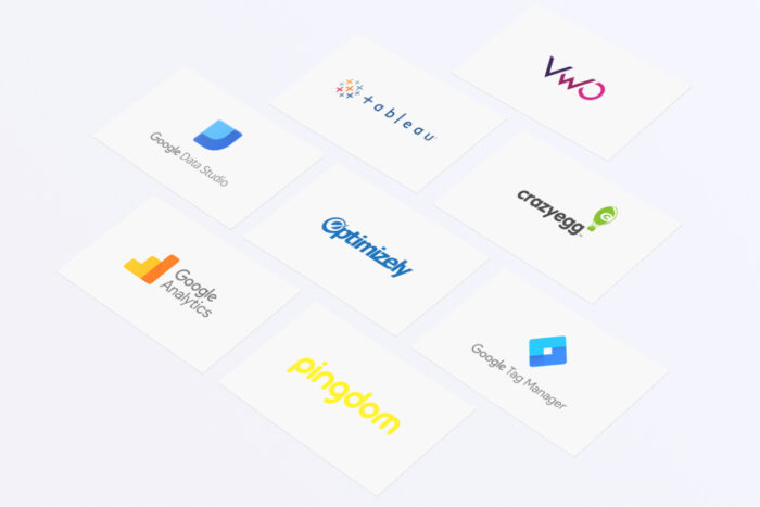 Collection of various analytics and data visualization tool logos including Google Data Studio, Optimizely, and Google Analytics.