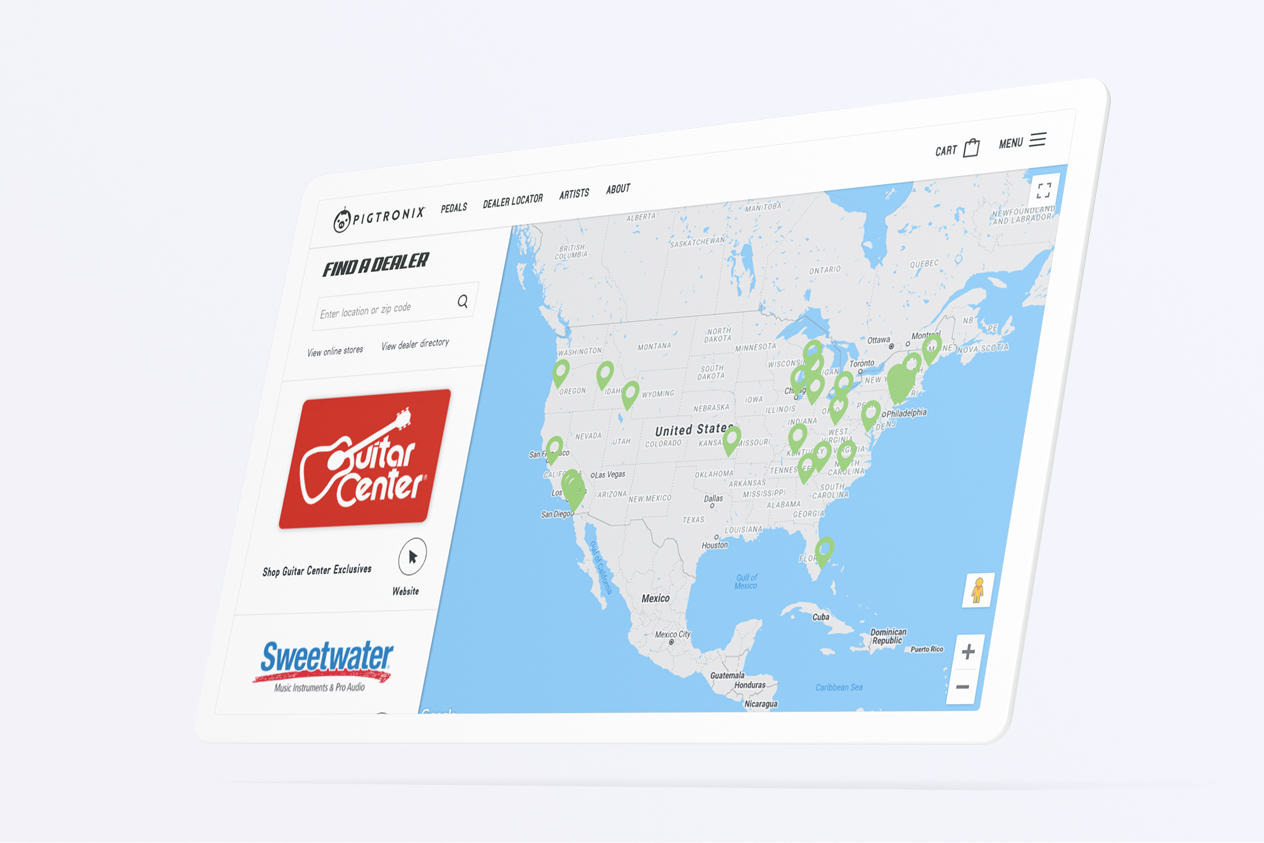 Map interface displaying locations of various music stores across the United States including Guitar Center and Sweetwater.