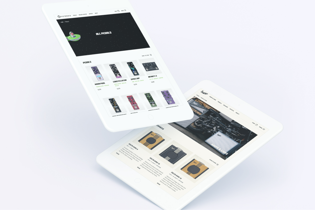 Two tablets displaying product listings and detailed specifications in an e-commerce layout against a white background.