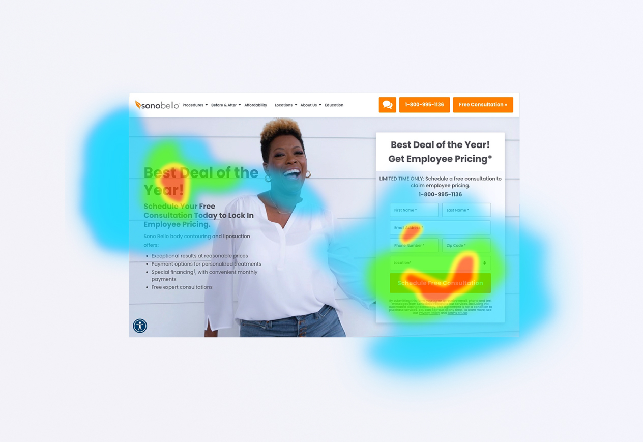 Person smiling with text "Best Deal of the Year! Get Employee Pricing" and a phone number for a free consultation on a website page