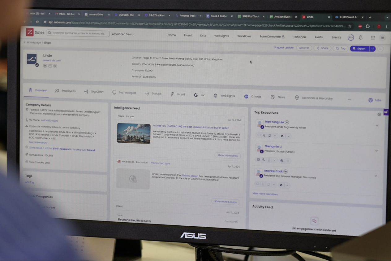 Person viewing a computer screen with a business intelligence software dashboard displaying company details and executive information