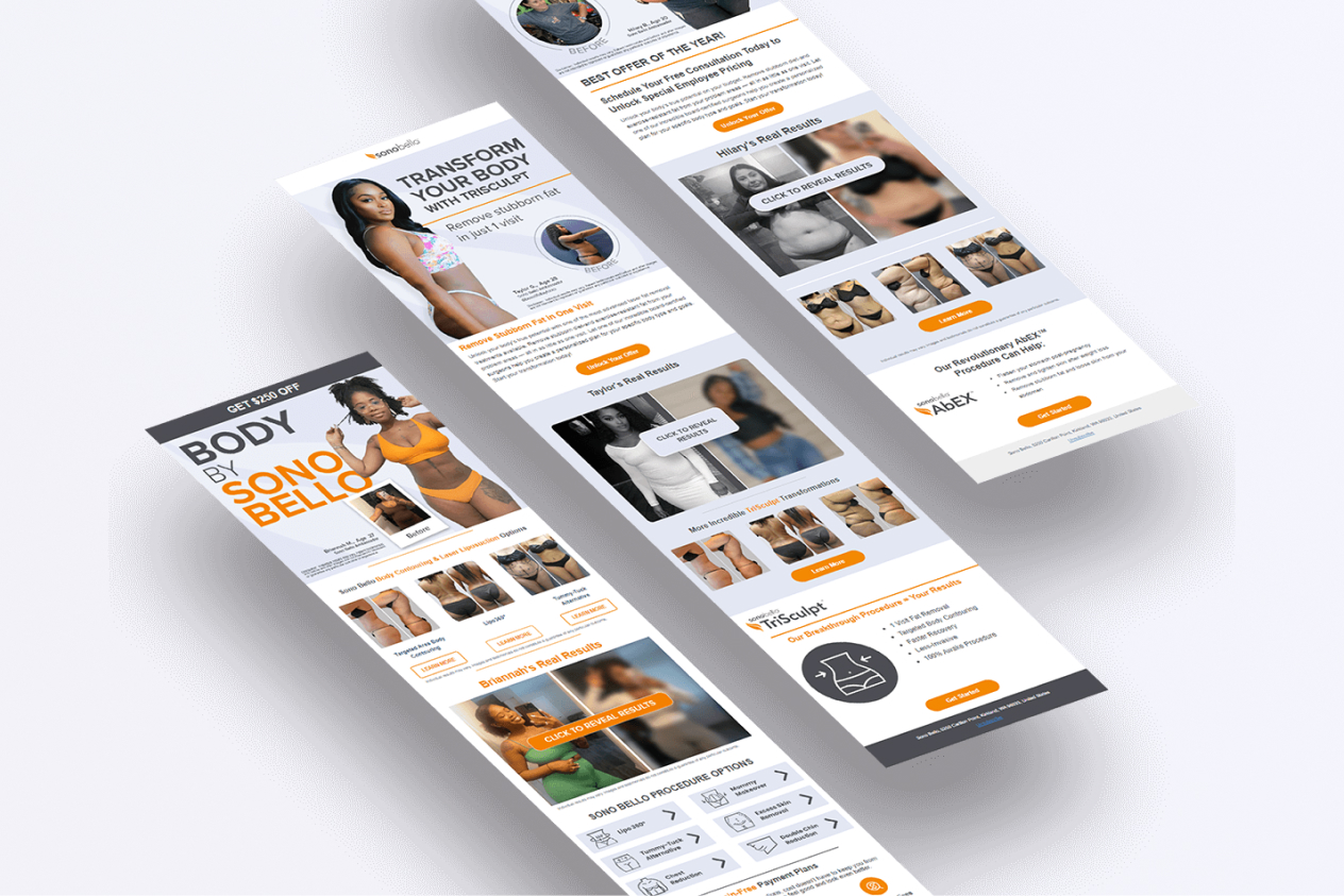 Three sections of a website displaying body transformation services and testimonials with before and after photos.