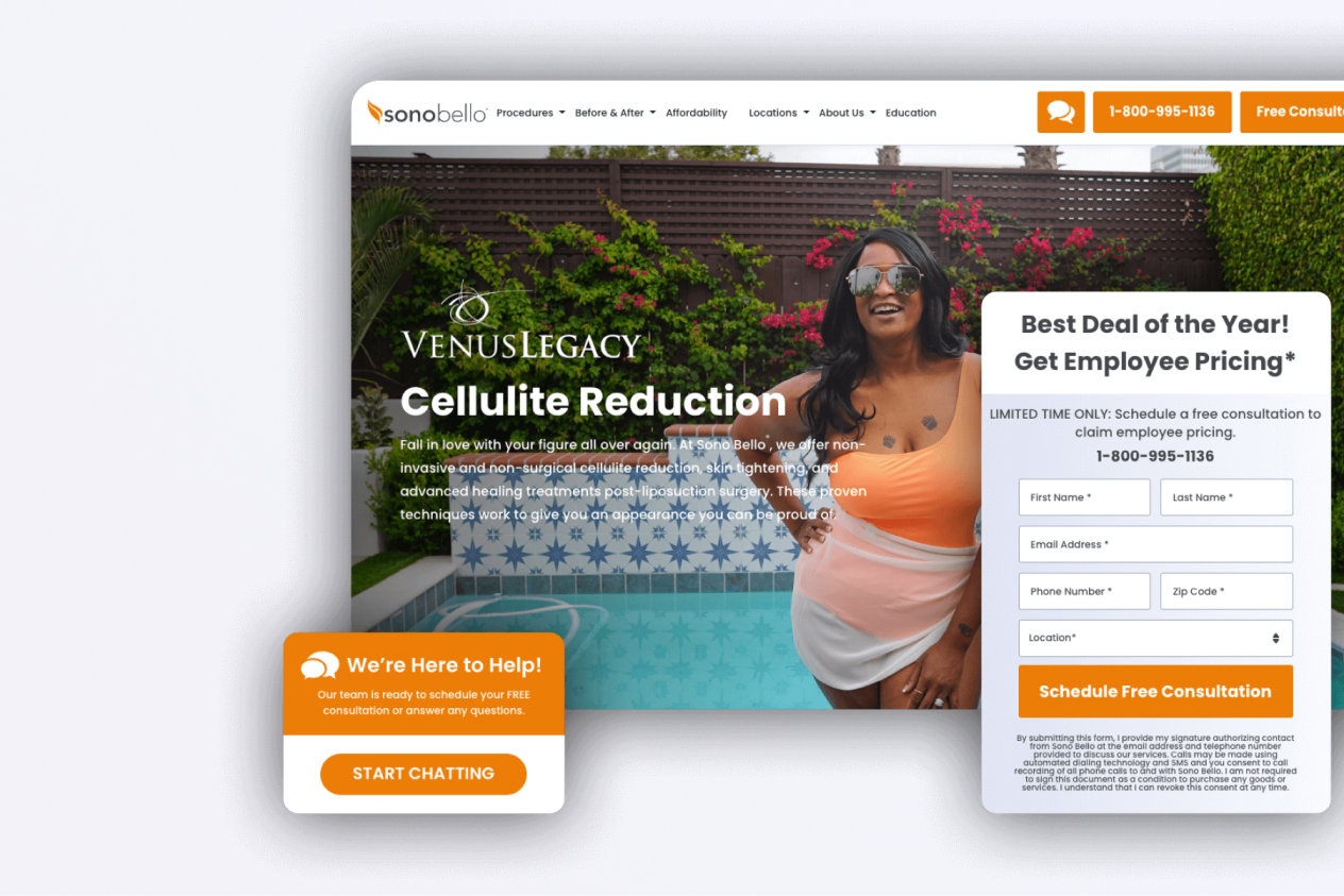 "Website displaying Venus Legacy cellulite reduction service with a smiling woman in sunglasses by a pool and a free consultation form."