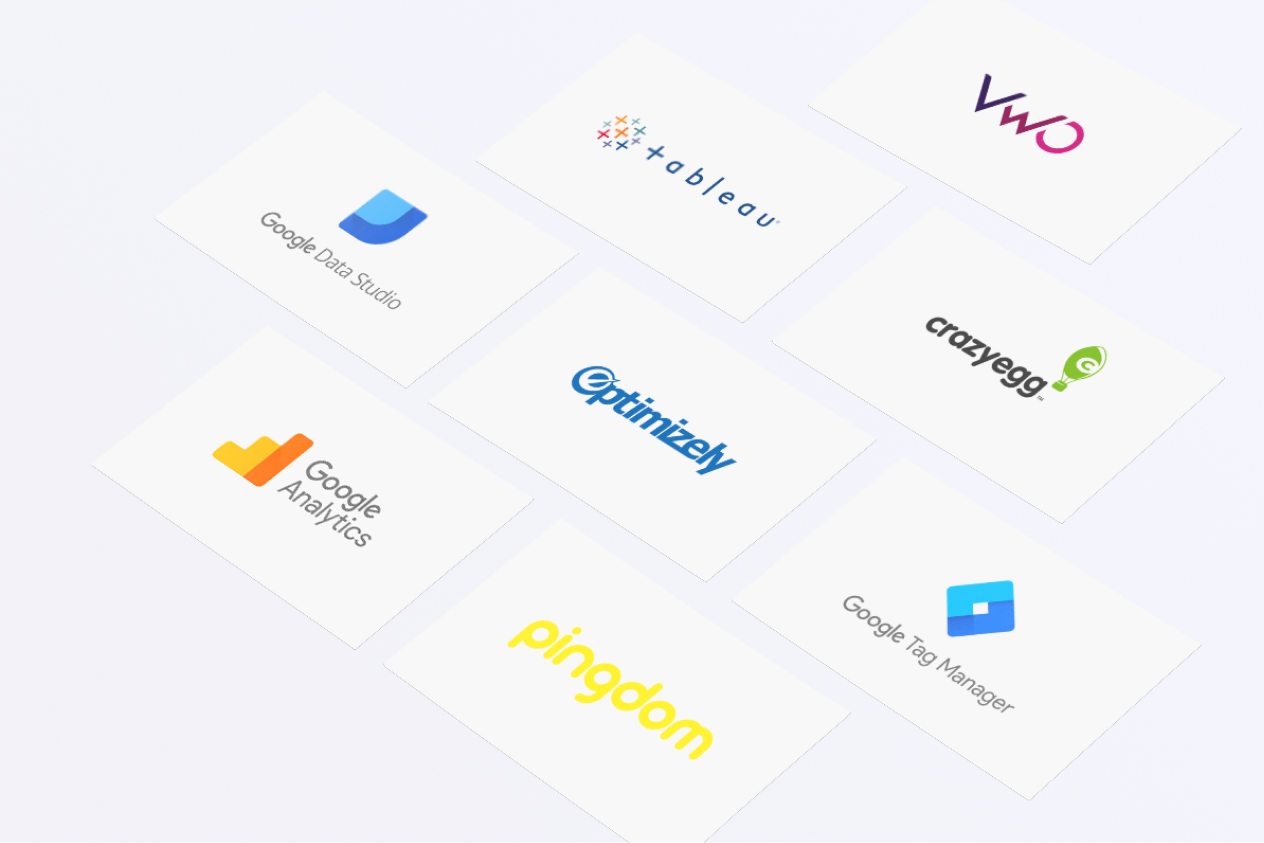 Logos of digital marketing and analytics tools including Google Analytics, Optimizely, Tableau, VWO, pingdom, crazyegg, and Google Tag Manager.
