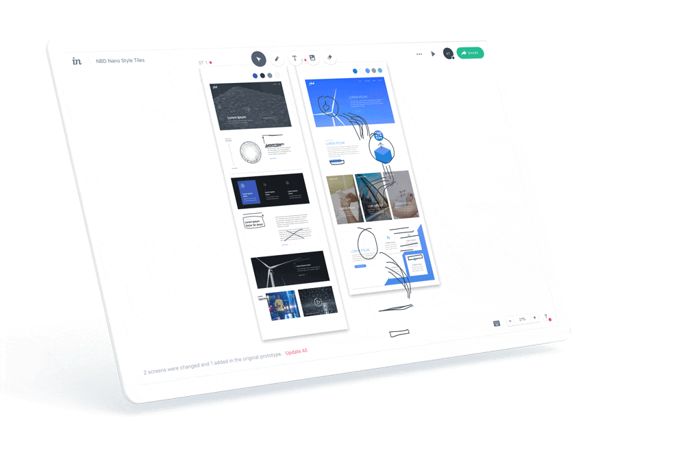 Tablet displaying a digital design interface with various screens and UI elements against a green background.