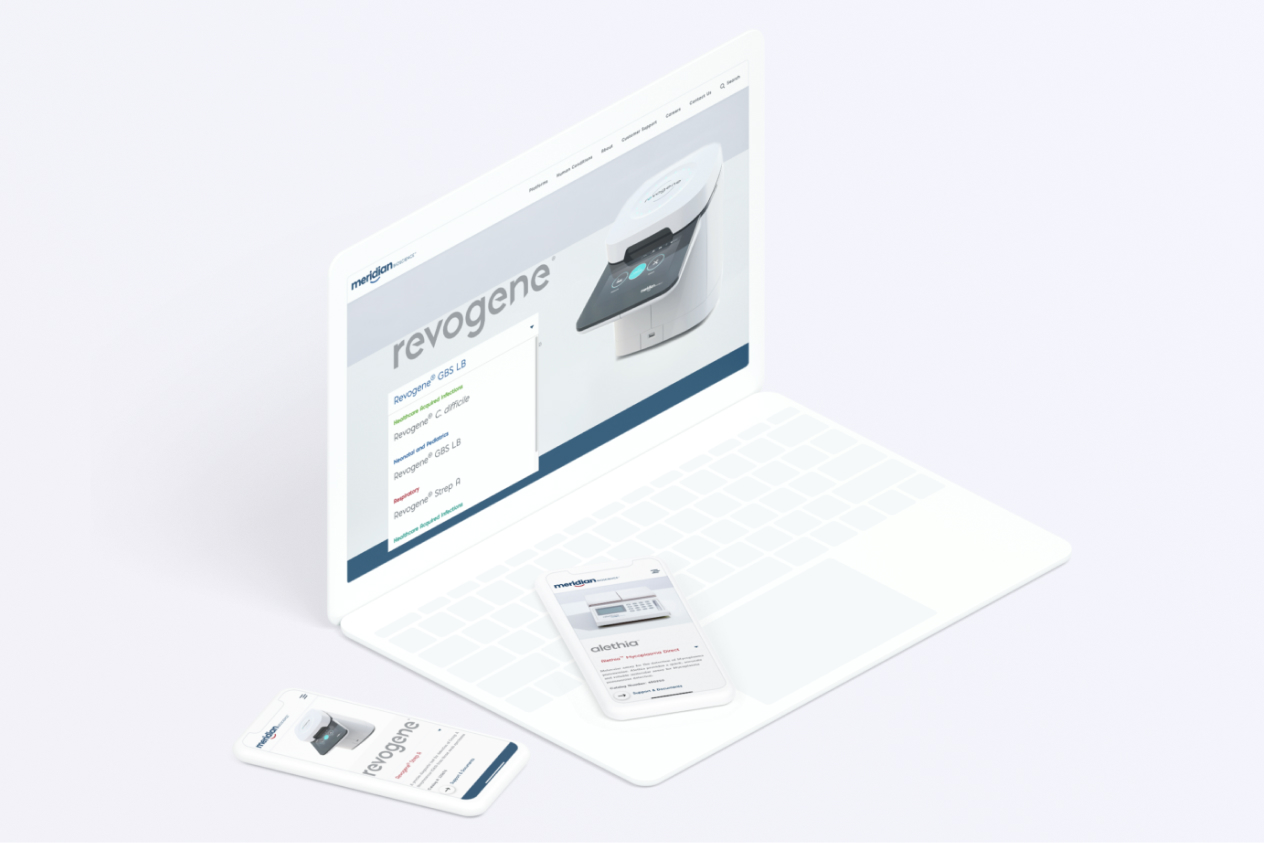 Laptop showing Revogene website with a medical device, accompanied by two mobile devices displaying related content.