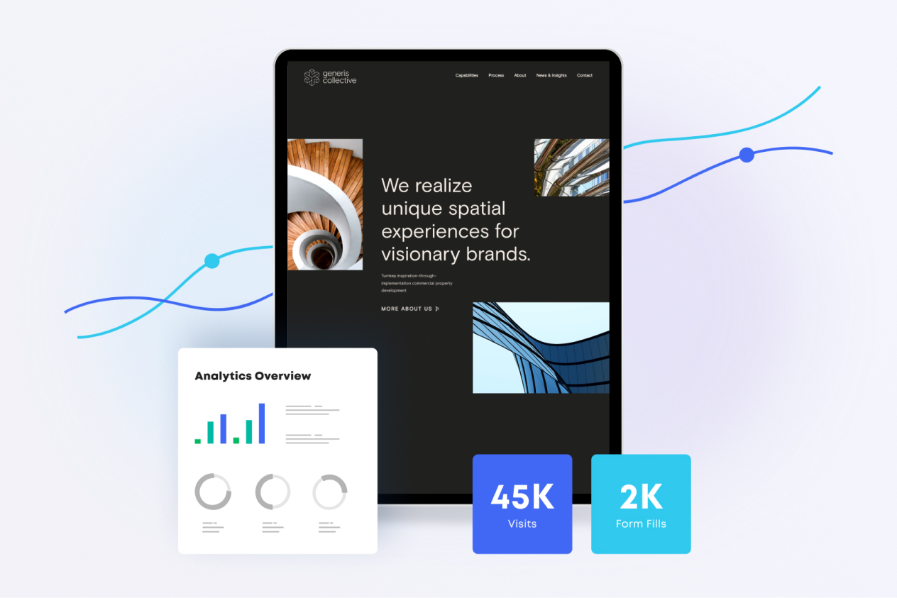 Tablet displaying website design with text "We realize unique spatial experiences for visionary brands" and analytic charts for visits and form fills