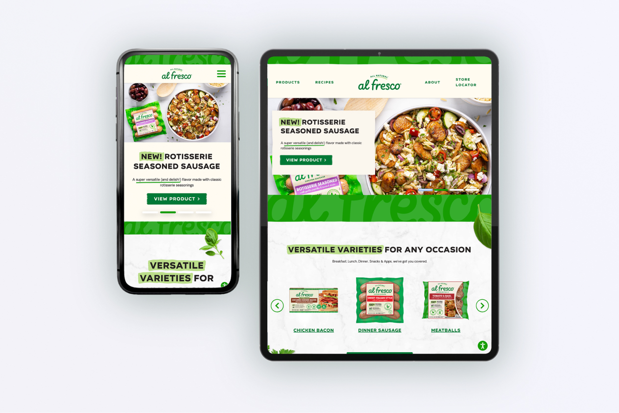 Al fresco website displayed on a smartphone and tablet showcasing rotisserie seasoned sausage and versatile varieties.