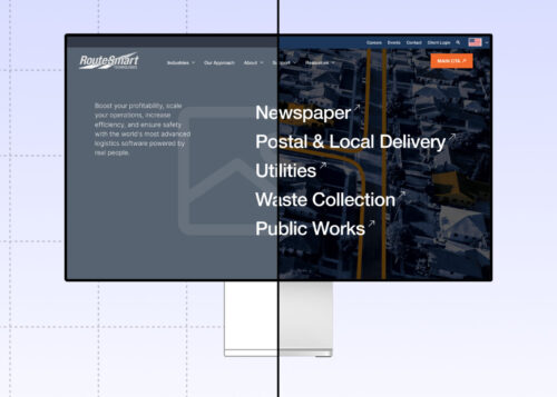 "RouteSmart webpage showcasing industries: Newspaper, Postal & Local Delivery, Utilities, Waste Collection, Public Works."