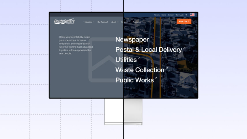 "RouteSmart webpage showcasing industries: Newspaper, Postal & Local Delivery, Utilities, Waste Collection, Public Works."