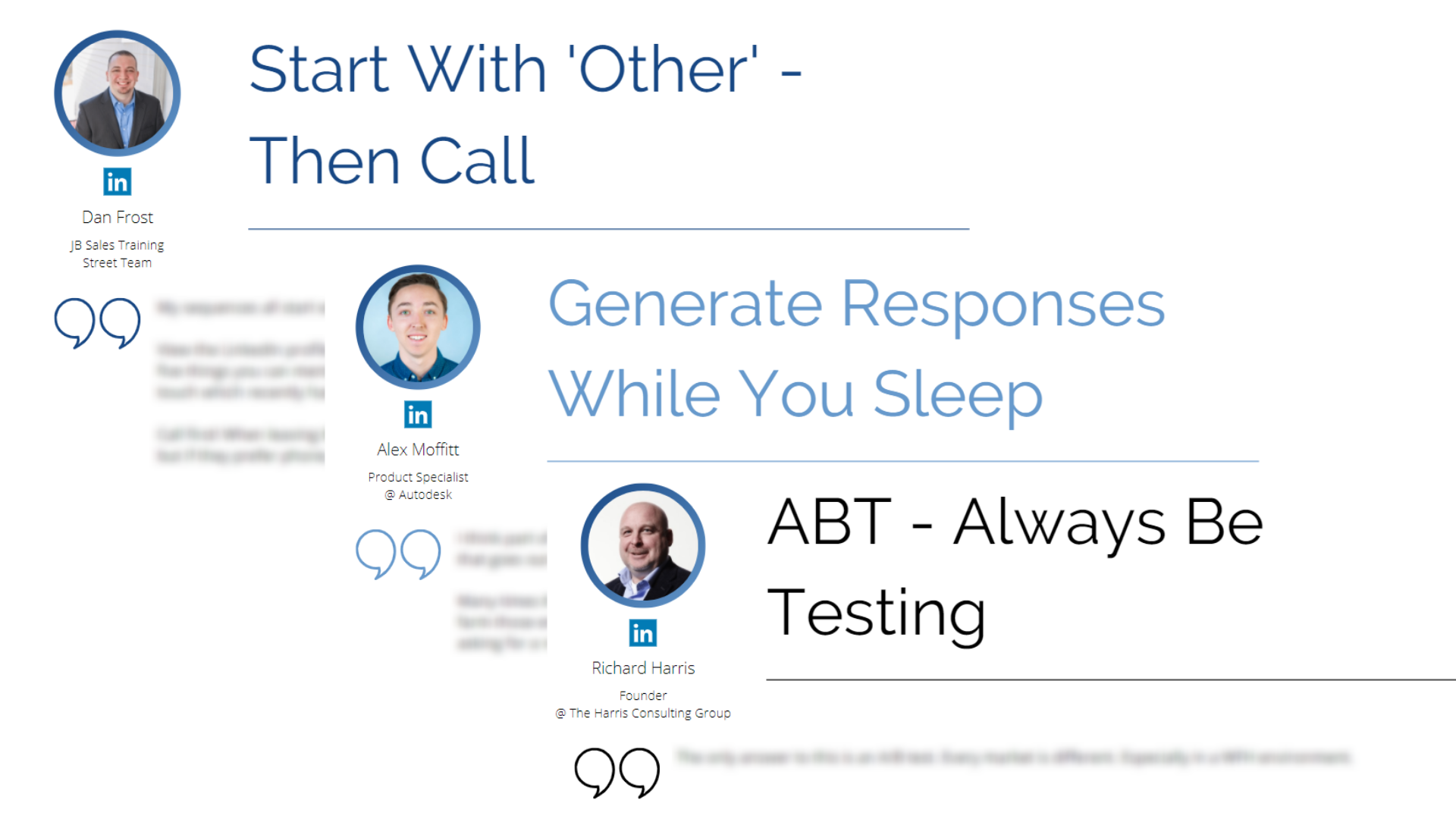 "Professional quotes on leveraging LinkedIn for effective communication and improving response generation through testing."