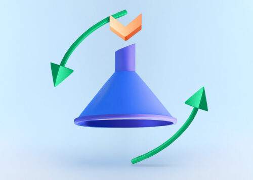 3D funnel icon with green arrows and a check mark on a light blue background.