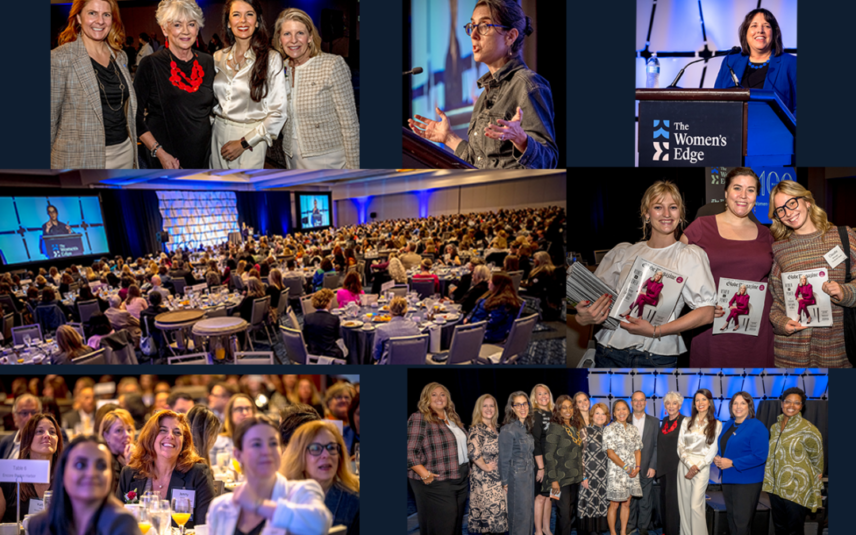 Group of women at conference, speaker at podium, large audience, and women holding books at event
