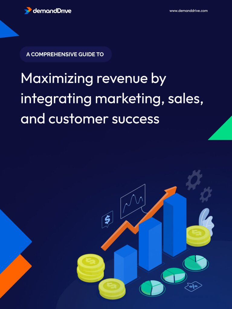 Guide cover on maximizing revenue through marketing, sales, and customer success integration with graph and coins.