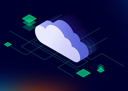 Illustration of a cloud with digital elements on a dark background, representing cloud computing technology.