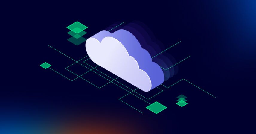 Illustration of a cloud with digital elements on a dark background, representing cloud computing technology.