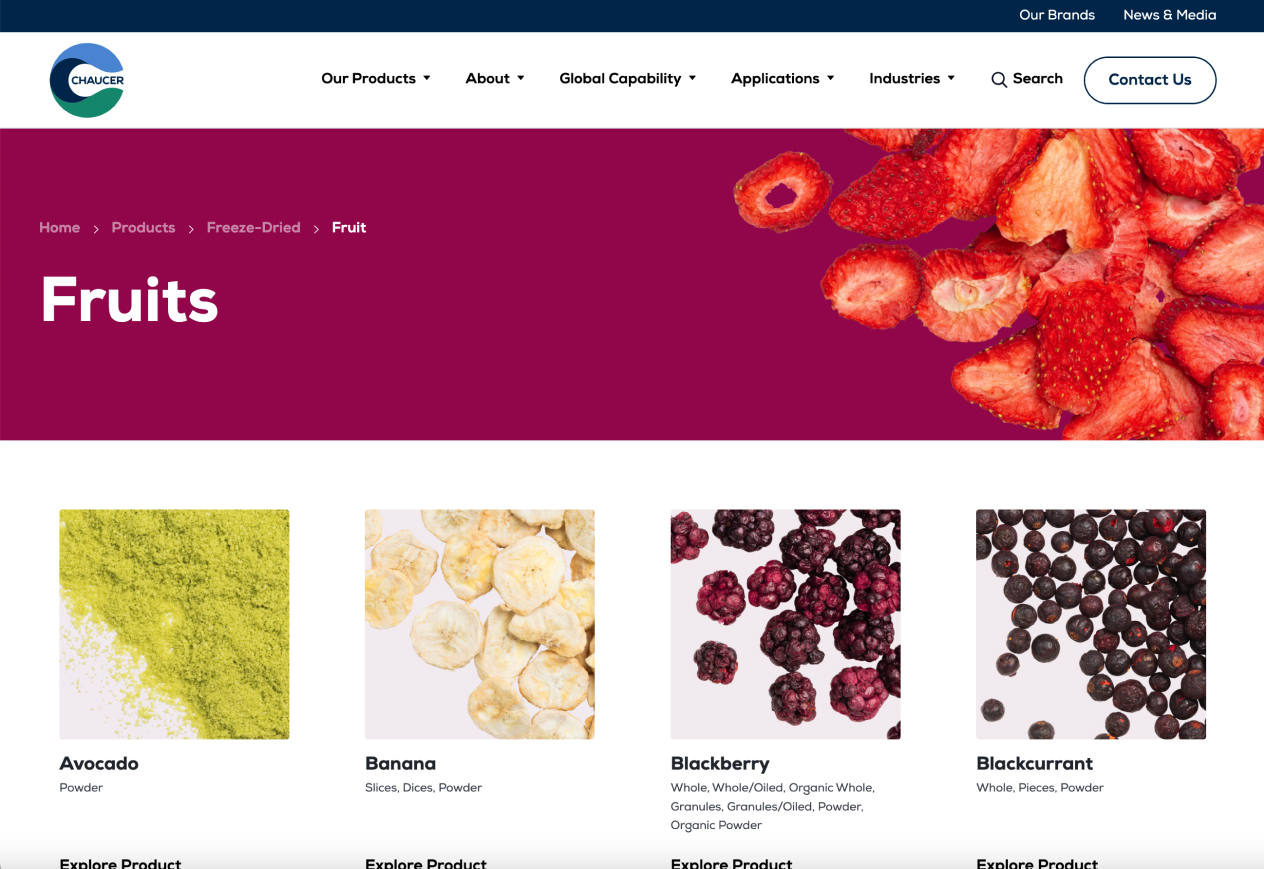 Dried fruit products including avocado powder, banana slices, and various berries on a product display page.