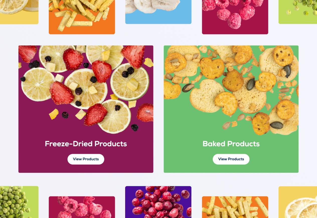 Colorful assortment of freeze-dried fruits and baked snacks with product view buttons on vibrant backgrounds