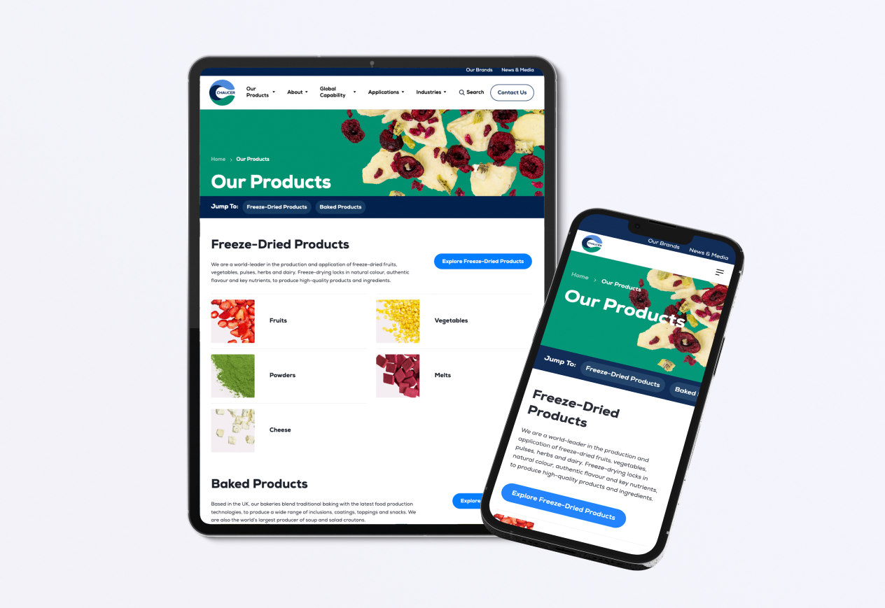 Tablet and smartphone displaying a website for freeze-dried products, showcasing fruits, vegetables, and cheese.