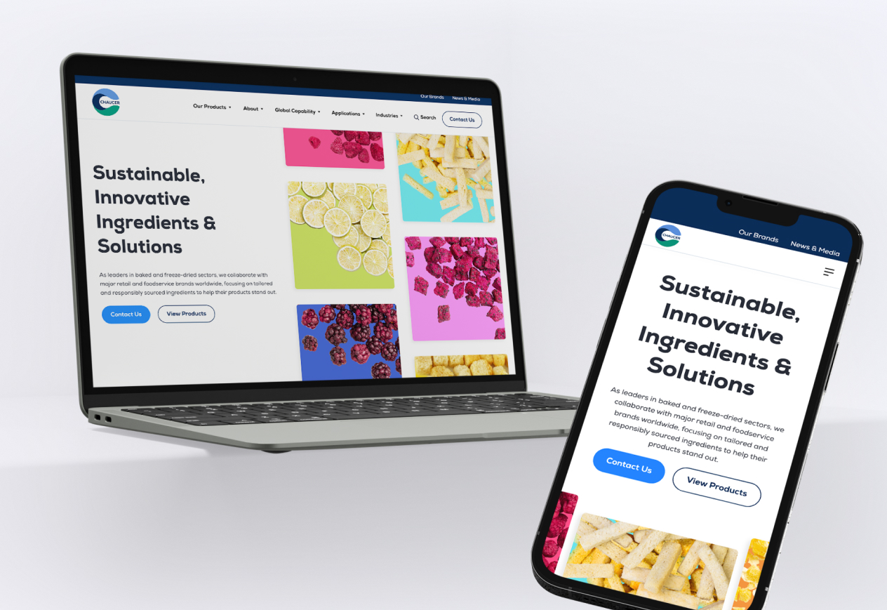 Laptop and phone displaying a website with text "Sustainable, Innovative Ingredients & Solutions" and images of fruits and vegetables