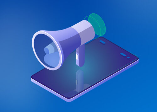 Illustration of a large megaphone emerging from a smartphone, symbolizing digital marketing and communication.