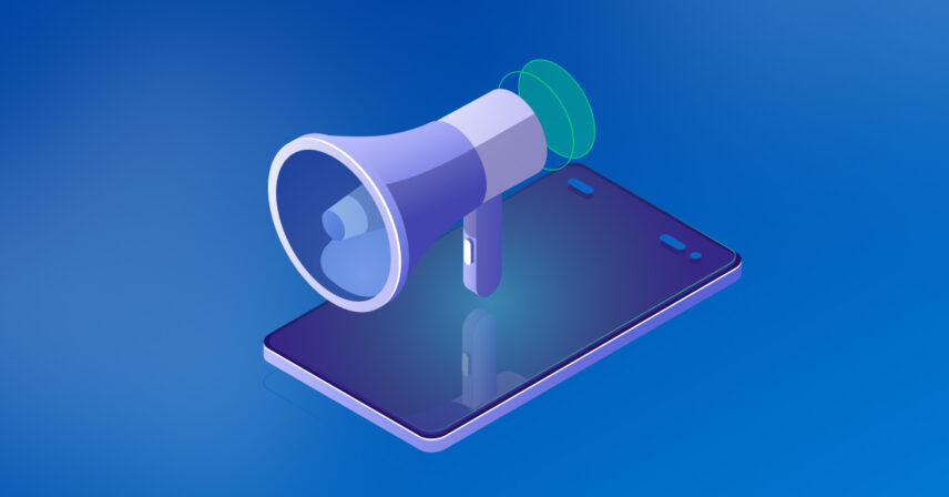 Illustration of a large megaphone emerging from a smartphone, symbolizing digital marketing and communication.