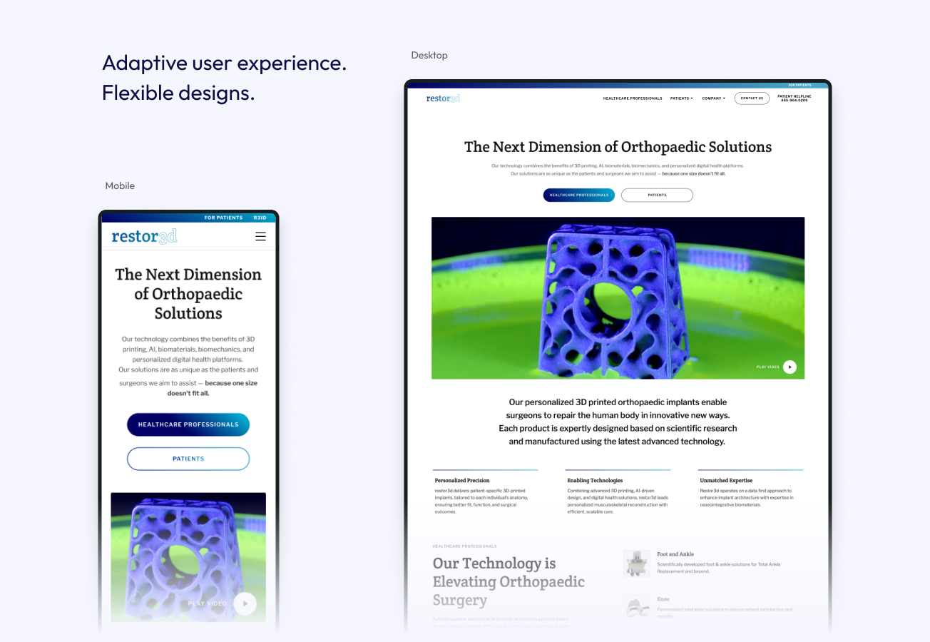 Responsive website design for orthopaedic solutions shown on mobile and desktop screens with adaptive user experience theme.