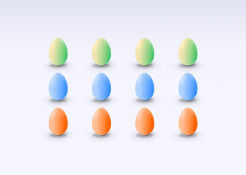 Twelve colorful Easter eggs arranged in a grid pattern on a light background.