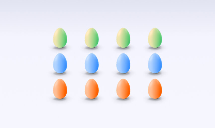 Twelve colorful Easter eggs arranged in a grid pattern on a light background.