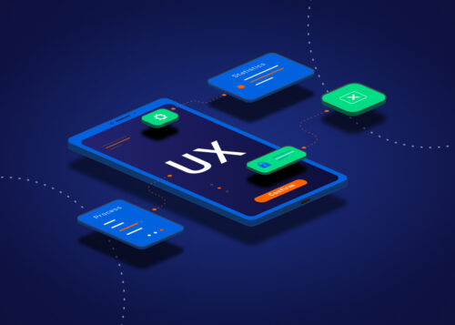Isometric illustration of a smartphone with UX on the screen, surrounded by elements labeled phone, settings, and solution.