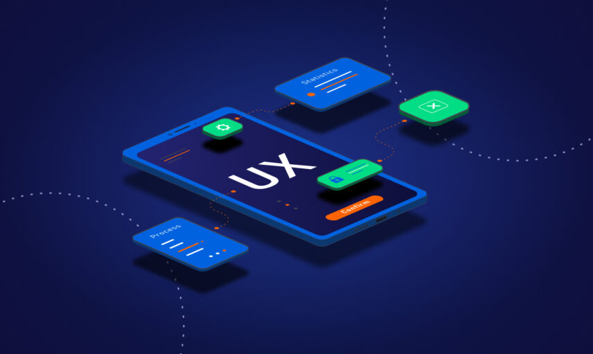 Isometric illustration of a smartphone with UX on the screen, surrounded by elements labeled phone, settings, and solution.