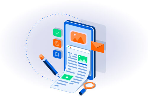 Illustration of digital content creation with smartphone, pencil, and various icons representing multimedia elements.