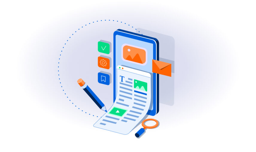 Illustration of digital content creation with smartphone, pencil, and various icons representing multimedia elements.