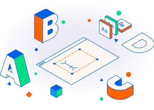 3D letters and symbols surrounding a digital design screen with text and graphic tools. It is an abstract representation of a UX content style guide.