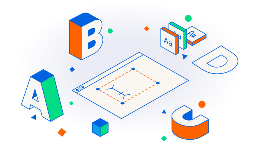 3D letters and symbols surrounding a digital design screen with text and graphic tools. It is an abstract representation of a UX content style guide.