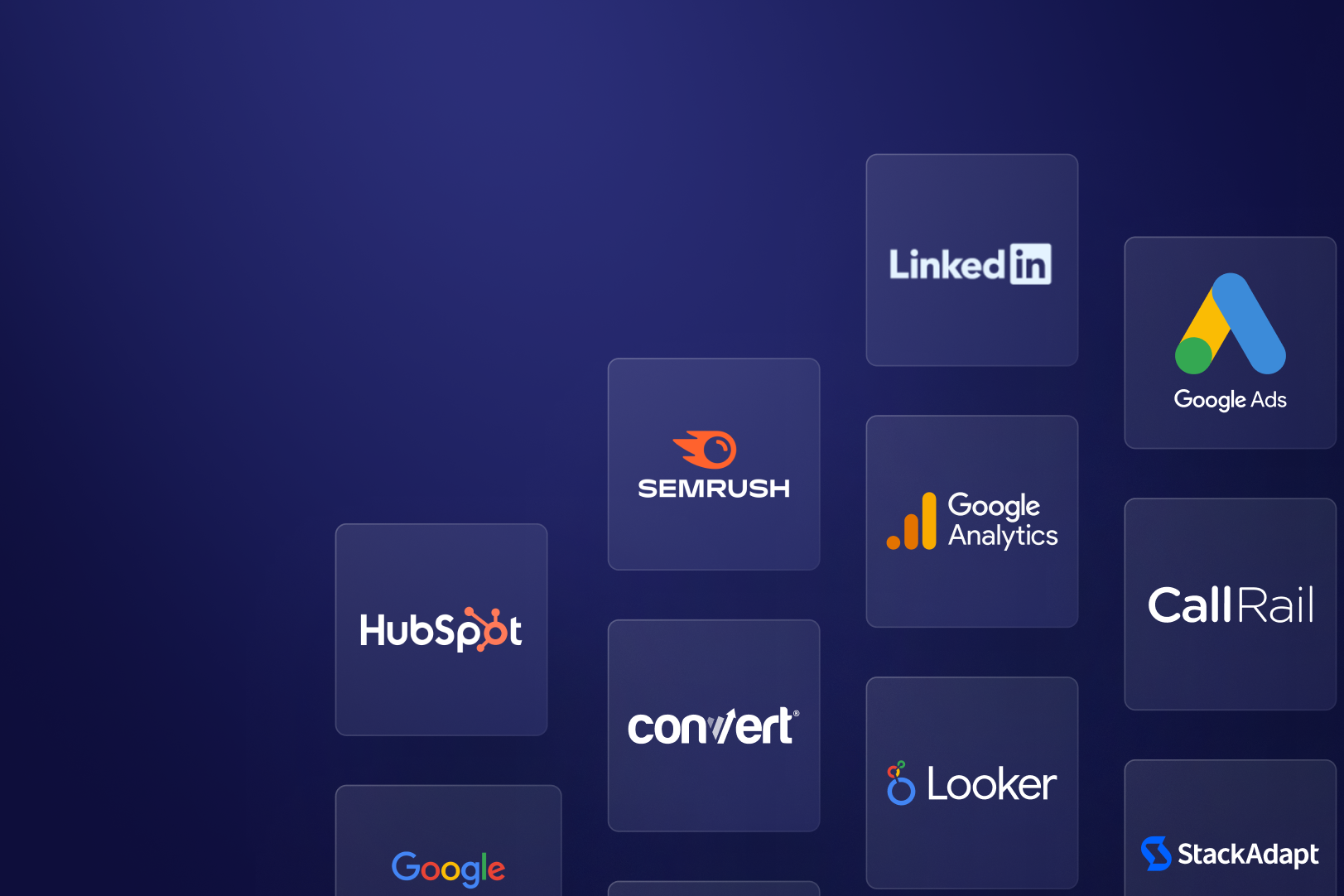 Logos of LinkedIn, Google Ads, SEMrush, Google Analytics, HubSpot, CallRail, Convert, Looker, StackAdapt on dark blue background