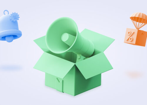 Illustration of green megaphone in a box with a blue bell showing how outsourced sales can amplify outreach and drive promotions