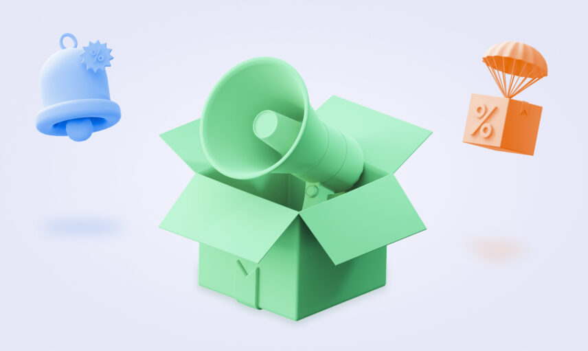 Illustration of green megaphone in a box with a blue bell showing how outsourced sales can amplify outreach and drive promotions