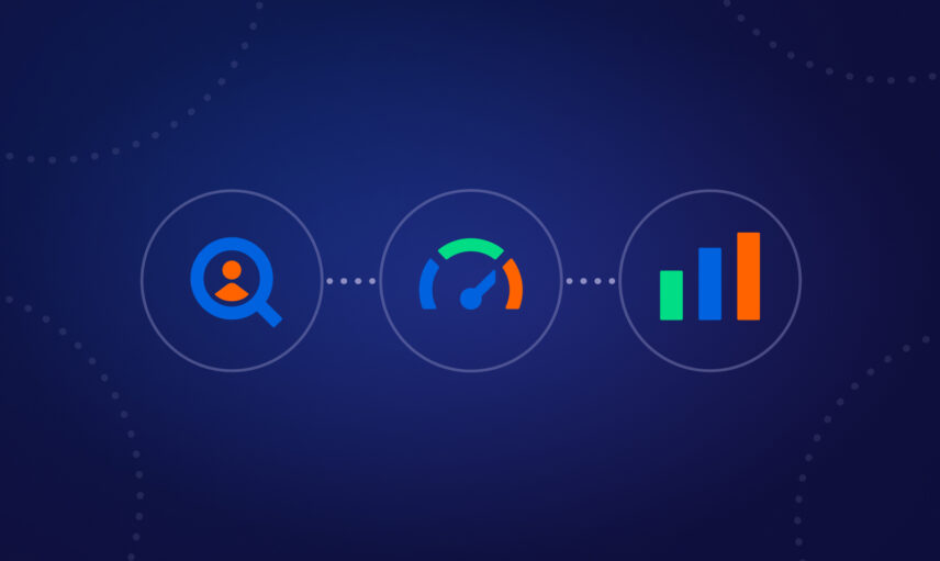 Three icons representing search, speed, and growth on a dark blue, showing the steps in the SDR process from sourcing to performance and results