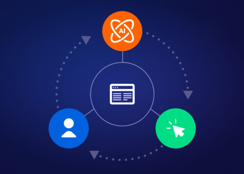 Diagram showing interconnected symbols for AI, a person, and a cursor with a web page in the center on a dark background.